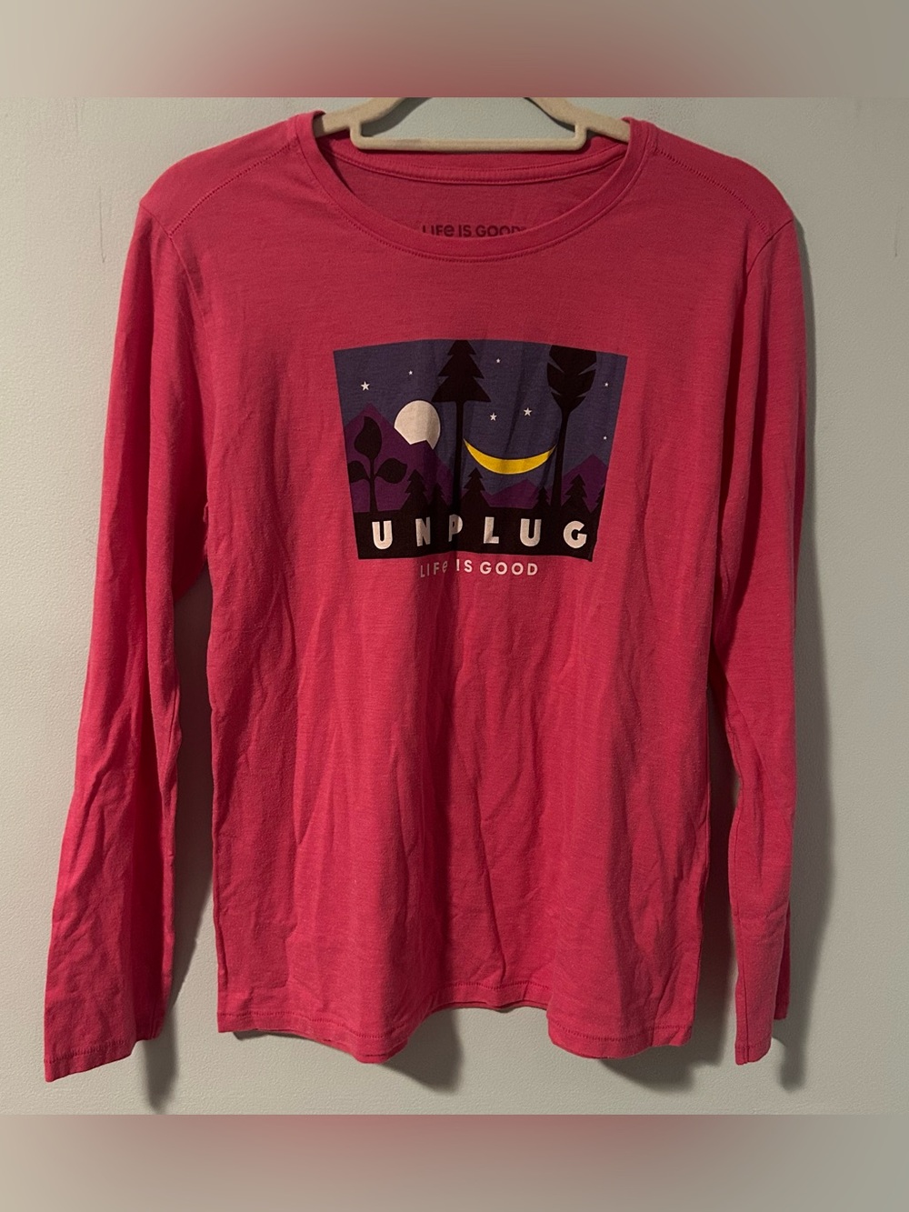 Life is Good Pink “Unplug” Long Sleeve Crusher Tee Size Large